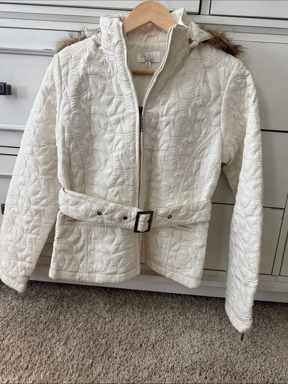 Yoki Cream Quilted Belted Puffer Jacket with Faux Fur Hood Trim